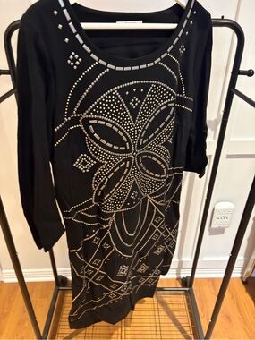 Black Embellished Studded Mini Dress with Geometric Motif